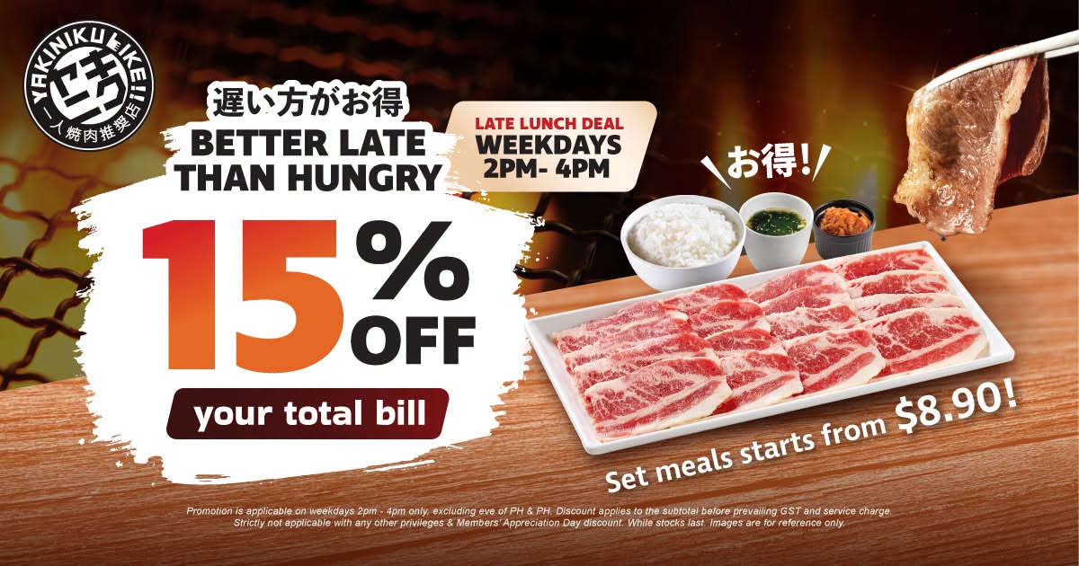 Yakiniku Like Late Lunch Deal with 15% off and set meals from $8.90