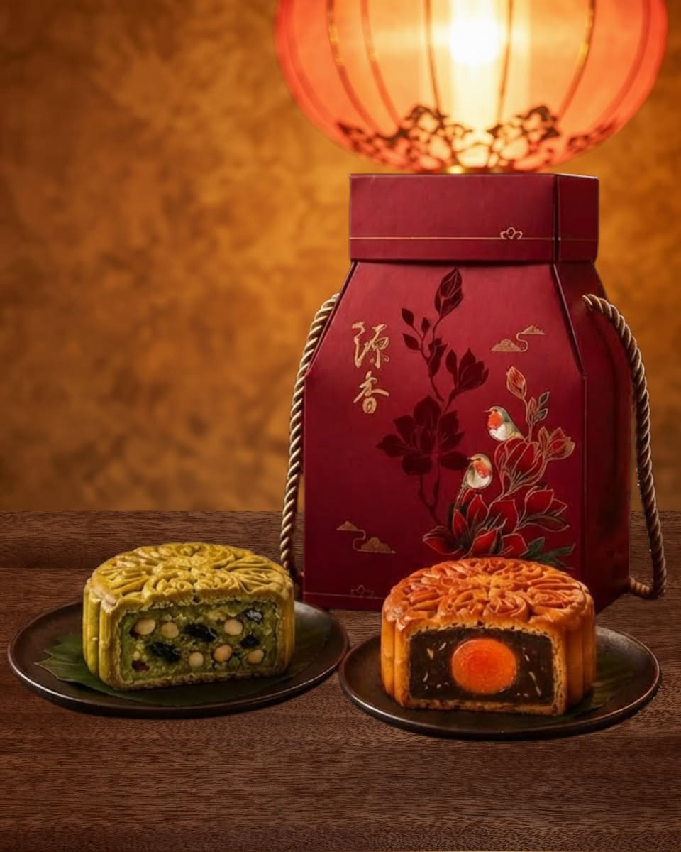 Guan Heong mooncakes with floral bird motif packaging