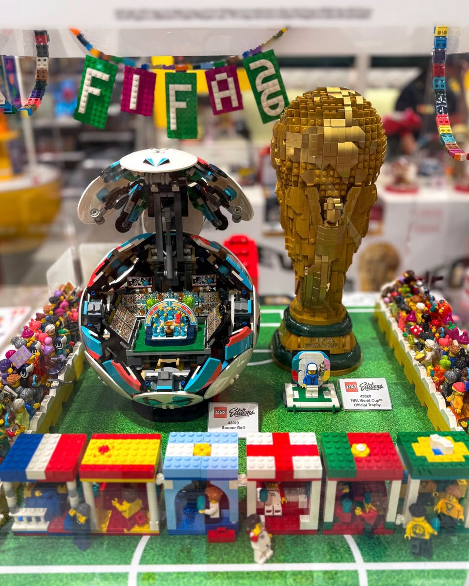 LEGO FIFA World Cup trophy replica and stadium display at Compass One